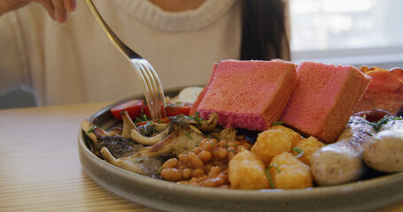 Poster - Woman enjoy her dishes in restaurant