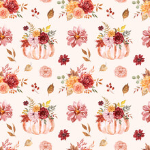 Fall Floral Seamless Pattern With Watercolor Pumpkins, Autumn Leaves, Red And Orange Flowers. Botanical Print.