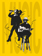 © master1305 - Music festivals. Contemporary art collage. Young musicians performing, singing isolated over yellow background with lettering. Creativity, inspiration, imagination