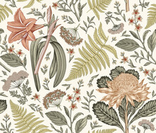 Seamless Pattern Fabric. Set Amaryllis Waratah Hemlock Tree Fern. Beautiful Realistic Isolated Tropical Exotic Flowers. Vintage Background. Wallpaper. Drawing Engraving. Vector Victorian Illustration