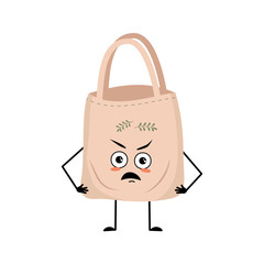 Wall Mural - Cute character fabric bag with angry emotions, grumpy face, furious eyes, arms and legs. Shopper with irritated face, ecological alternative to plastic bag. Vector flat illustration