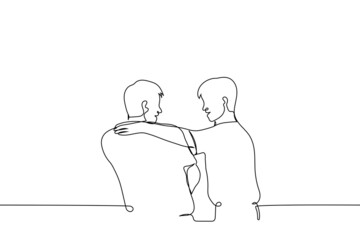 Wall Mural - meeting friends - one line drawing vector. concept of men hugging and smiling at each other