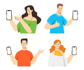 Characters point on empty screen of mobile phones. Cartoon male and female characters hold smartphone to use apps and show presenting gesture. Vector set illustration