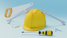 Rendering 3d Safety Helmets, Screwdrivers, Saws And Wrenches On A Light Blue Background For Labor Day Content In May.