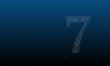 On The Right Is The Number Seven Symbol Filled With White Dots. Background Pattern From Dots And Circles Of Different Shades. Vector Illustration On Blue Background With Stars