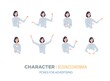 businesswoman character poses for advertising. Creation set with various views, face emotions, poses and gestures.