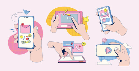 Flat vector hands with phones. Hands holding phones and tablet in different view. Speech bubble with icon app. Background in retro style with modern drawing. Illustration social network in your phone.