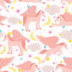 Wall Mural - Cute pink pegasus vector seamless pattern design illustration