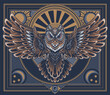 Flying owl poster. Vector illustration in engraving technique of an owl swooping with claws out and wings outstretched on ornamental frame and vintage celestial background in art deco style.