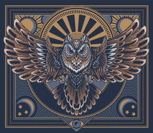 Flying Owl Poster. Vector Illustration In Engraving Technique Of An Owl Swooping With Claws Out And Wings Outstretched On Ornamental Frame And Vintage Celestial Background In Art Deco Style.