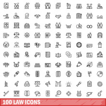 100 Law Icons Set. Outline Illustration Of 100 Law Icons Vector Set Isolated On White Background