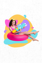 Poster - Collage photo of young lovely girl relaxing in pool buoy playing game with friends use water pistol isolated on colorful splashes portrait background