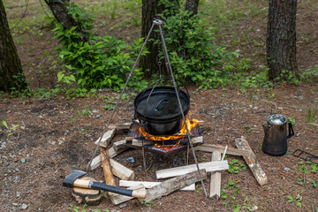 Sticker - 焚き火で料理　bonfire at a campsite or outdoors