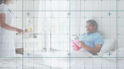 Sticker - Animation of data processing over caucasian female doctor taking care of senior patient