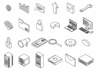 Wall Mural - data center icons set. isometric set of data center vector icons outline isolated on white backgroun