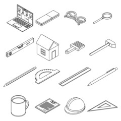 Sticker - Architect equipment icons set. Isometric set of architect equipment vector icons outline isolated on white background