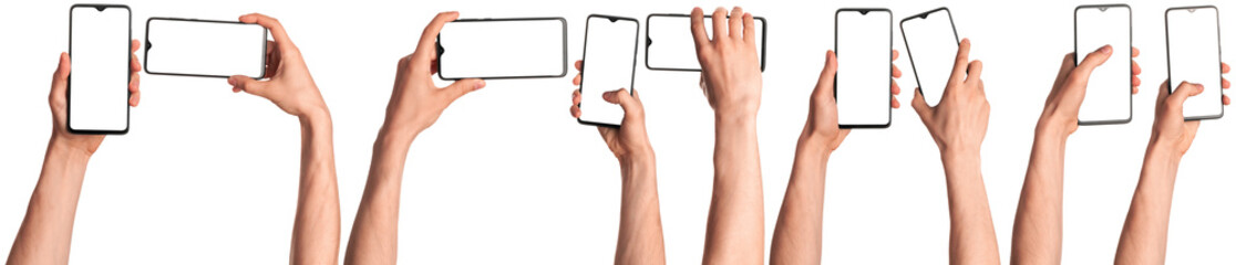 A man holds in his hands a blank black smartphone screen with a modern frameless design. Nine positions isolated on white background