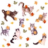 Fototapeta Koty - Cats play with fallen maple leaves isolated on white background. Cute cartoon illustration with symbols of chinese new year 2023. Sweet romantic print for fabric, linens in vector.