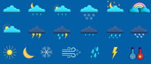 Weather 3d Icons Set On A Blue Background. 3d Style. Sunny, Rainy, Moon, Snowflake ,sun,  Rainbow, Cloud, Storm.  Vector, Illustration
