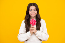 Teenage Girl With Lollipop, Child Eating Sugar Lollipops, Kids Sweets Candy Shop. Excited Teenager Girl. Happy Face, Positive And Smiling Emotions Of Teenager Girl.