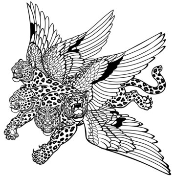 four-headed leopard with wings of a bird on its back. mythological creature beast of daniel prophecy