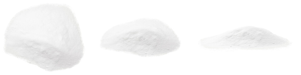 Soda, flour, salt or sugar are poured in heaps. Three heaps of white powder at different angles isolated on a white background.