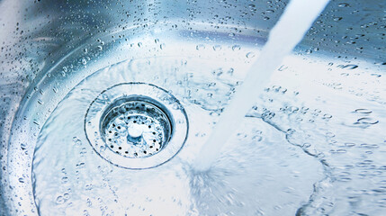 Wall Mural - Banner with stream of clean water drink flows into the stainless steel sink. Sink plug hole close up, macro. Environment, water pollution and water shortage concept. Copy space for text