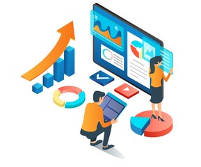 Aufkleber - Creative team is compiling business data on monitor
