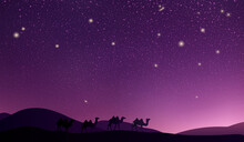 Desert Landscape With A Caravan Of Camels. Violet Magenta Night Starry Sky Over The Desert. Vector Illustration