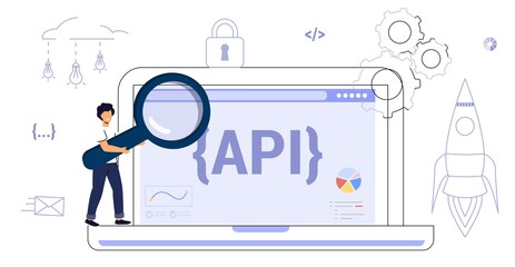 API Application Programming Interface Software development tool API as a symbol of finished code Website programming and coding Vector illustration flat design UI Isolated on white background