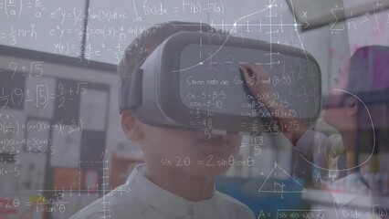 Sticker - Animation of mathematical equations over caucasian schoolboy using vr headset