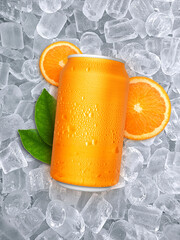 Aluminum orange soda can with fruits on ice cubes background