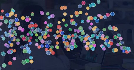 Sticker - Animation of network of connections with icons over businesswoman in office