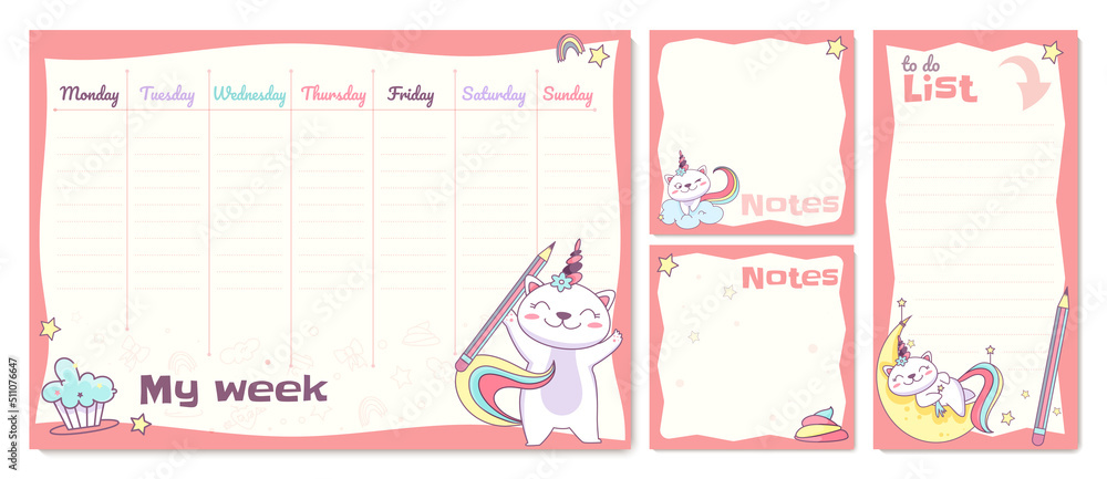 Flat school timetable template for pupil kids with cute unicorn cat ...