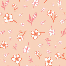 Ditsy Floral Seamless Pattern With Pink Cherry Blossom On Coral Background. Sakura Flower Vector Illustration. Surface Pattern Design For Asian Weddings Or Spring And Summer Botanical Designs.