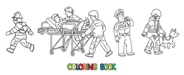 Wall Mural - Profession coloring book set. Policeman, paramedics rescuer and fiteman