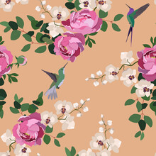 Peonies, Orchids And Hummingbirds On A Beige Background. Seamless Vector Illustration.