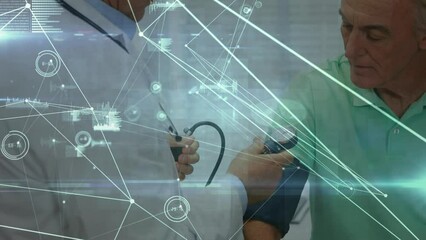 Canvas Print - Animation of network of connections over caucasian male doctor and patient talking