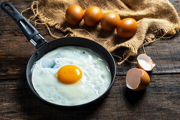 Wall Mural - Fried eggs in a pan ready to eat in the morning.