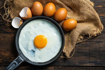 Wall Mural - Fried eggs in a pan ready to eat in the morning.