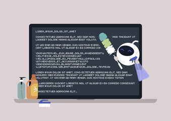 a cute round robot cleaning a code with a feather duster, a back end concept