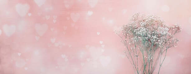 Wall Mural - Gypsophila flower panorama with hearts on pink background - greeting card - mothers day, wedding, birthday card