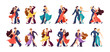 © PCH.Vector - Men and women dancing salsa or bachata vector illustrations set. Collection of couples of male and female Latino or merengue dancers at party or club on white background. Performance, music concept
