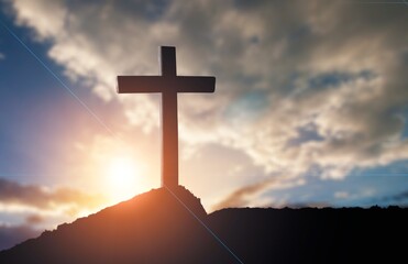 Sticker - Crucifixion At Sunset Of Jesus Christ, Cross On Hill