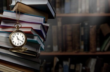 Wall Mural - old clock on a chain with stack books on library background. retro clock as a symbol of time a books