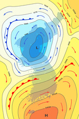 Wall Mural - weather forecast map of korea. movement of warm cyclone to korea. template of climate map for synopt