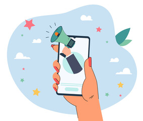 Loudspeaker on phone screen in hands flat vector illustration. Advertisement, announcement, attention, information, message concept for banner, website design or landing web page
