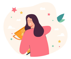 Wall Mural - girl hugging golden cap flat vector illustration. woman celebrating contest victory or win, holding 