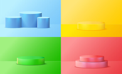 Leinwandbilder - A set of cylindrical podium pedestal with green, blue, red and yellow colors. Presentation of the product in the showcase. Realistic 3d vector illustration