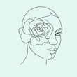 woman face with rose flower. Continuous drawing of flower head eauty salon logo. Feminine portrait with roses